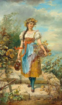 女性 Painting - ブドウかごを持つ少女 ハンス・ザツカ 美しい女性 女性